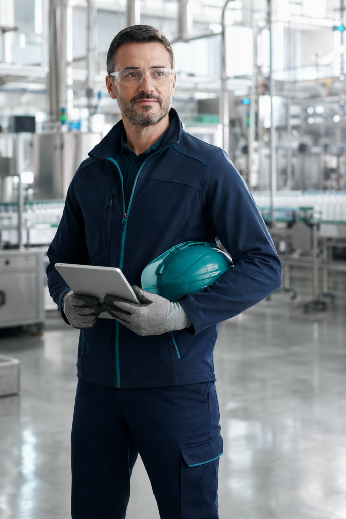 Responsabile della sicurezza con dispositivi di protezione individuale in uno stabilimento industriale